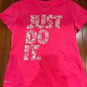 Hot pink shirt with white letters
